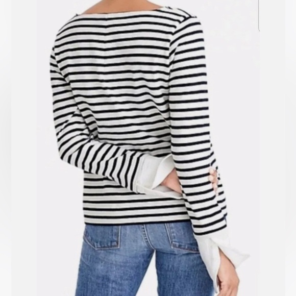 J. Crew Preppy Navy Striped Boatneck Cotton Long Sleeve Cuffed Sleeve Top DD - Picture 2 of 9